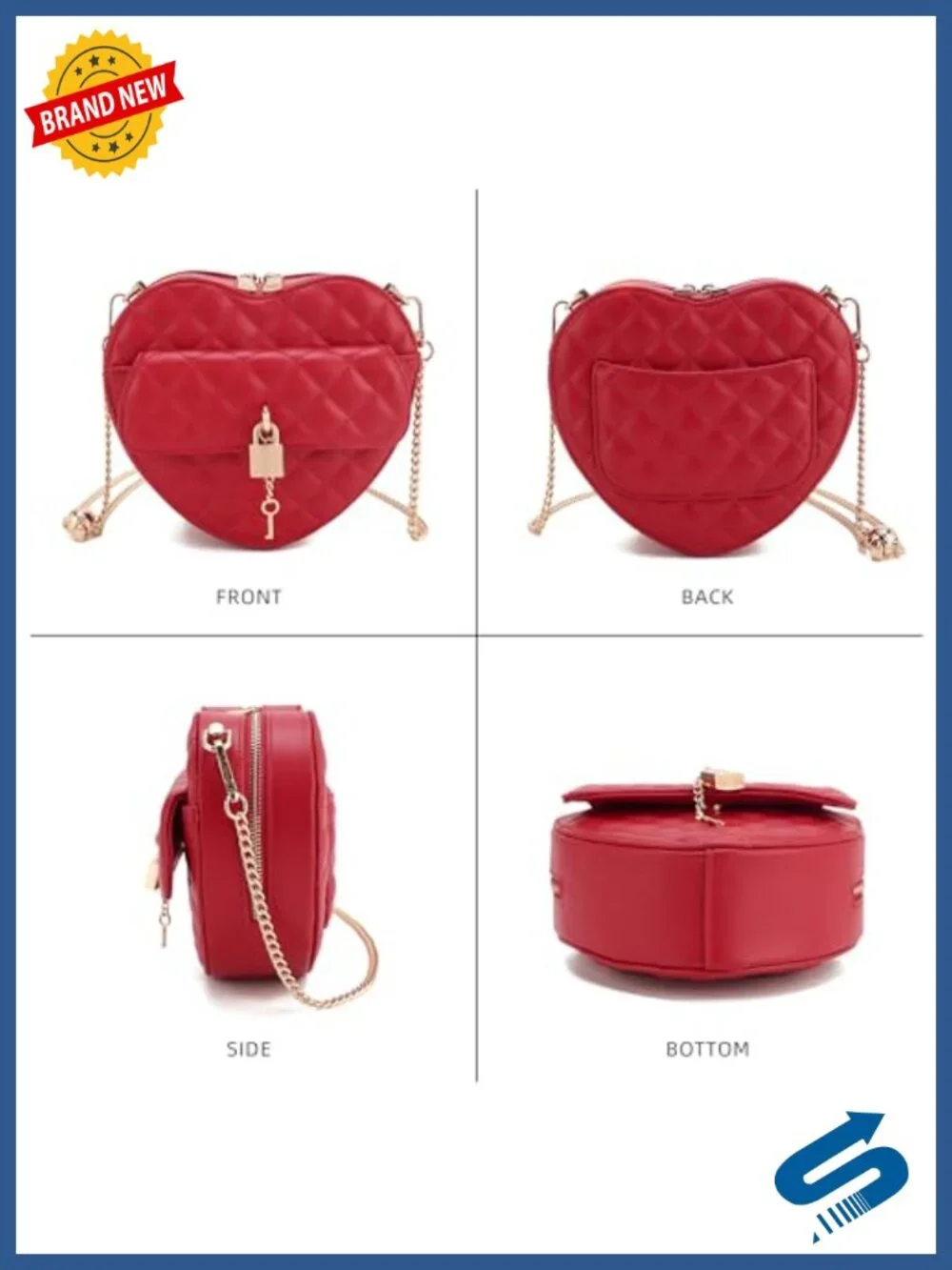 Vegan Leather Heart Shape Crossbody Bag with Chain Strap, Zip Closure